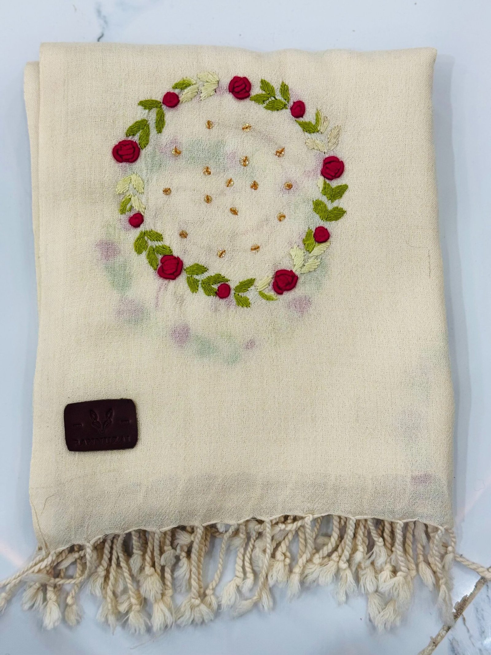 Cream Hand-Embroidered Floral Shawl - Image 3