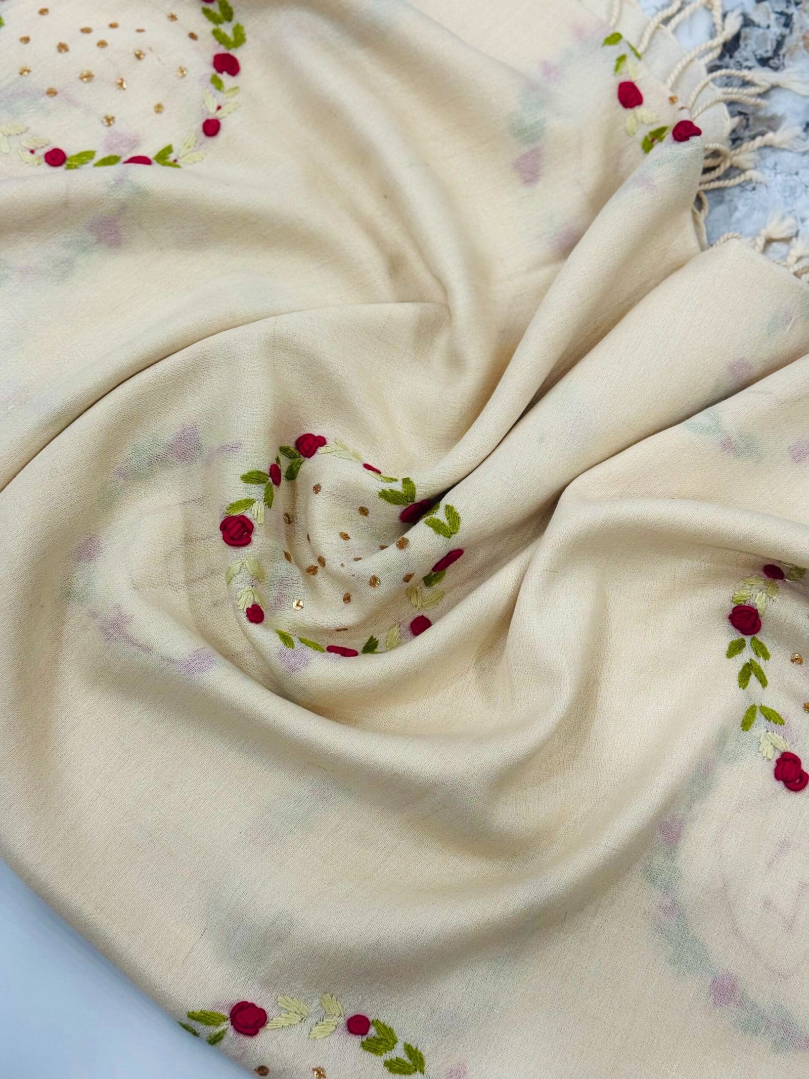Cream Hand-Embroidered Floral Shawl - Image 5