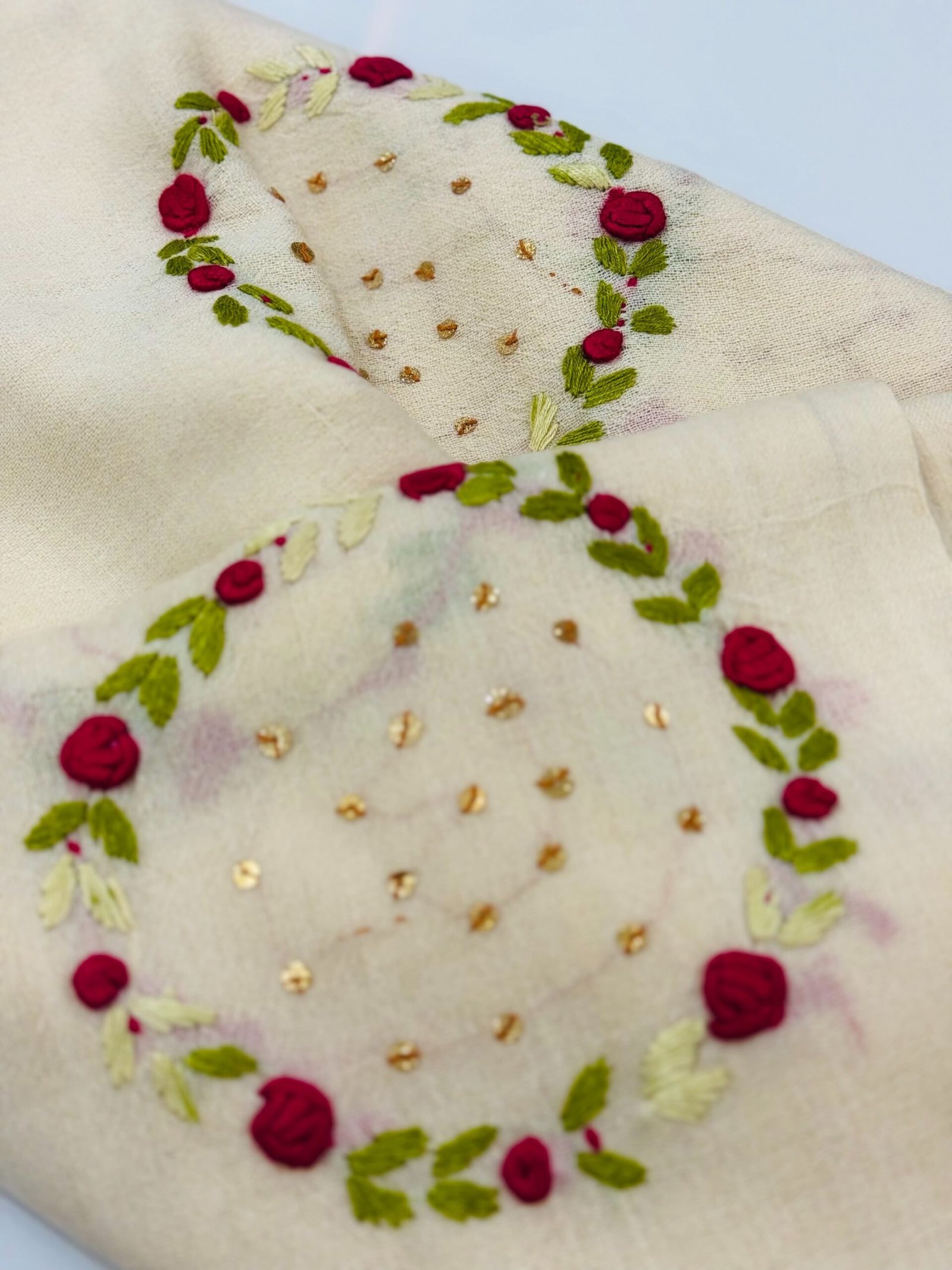 Cream Hand-Embroidered Floral Shawl - Image 6