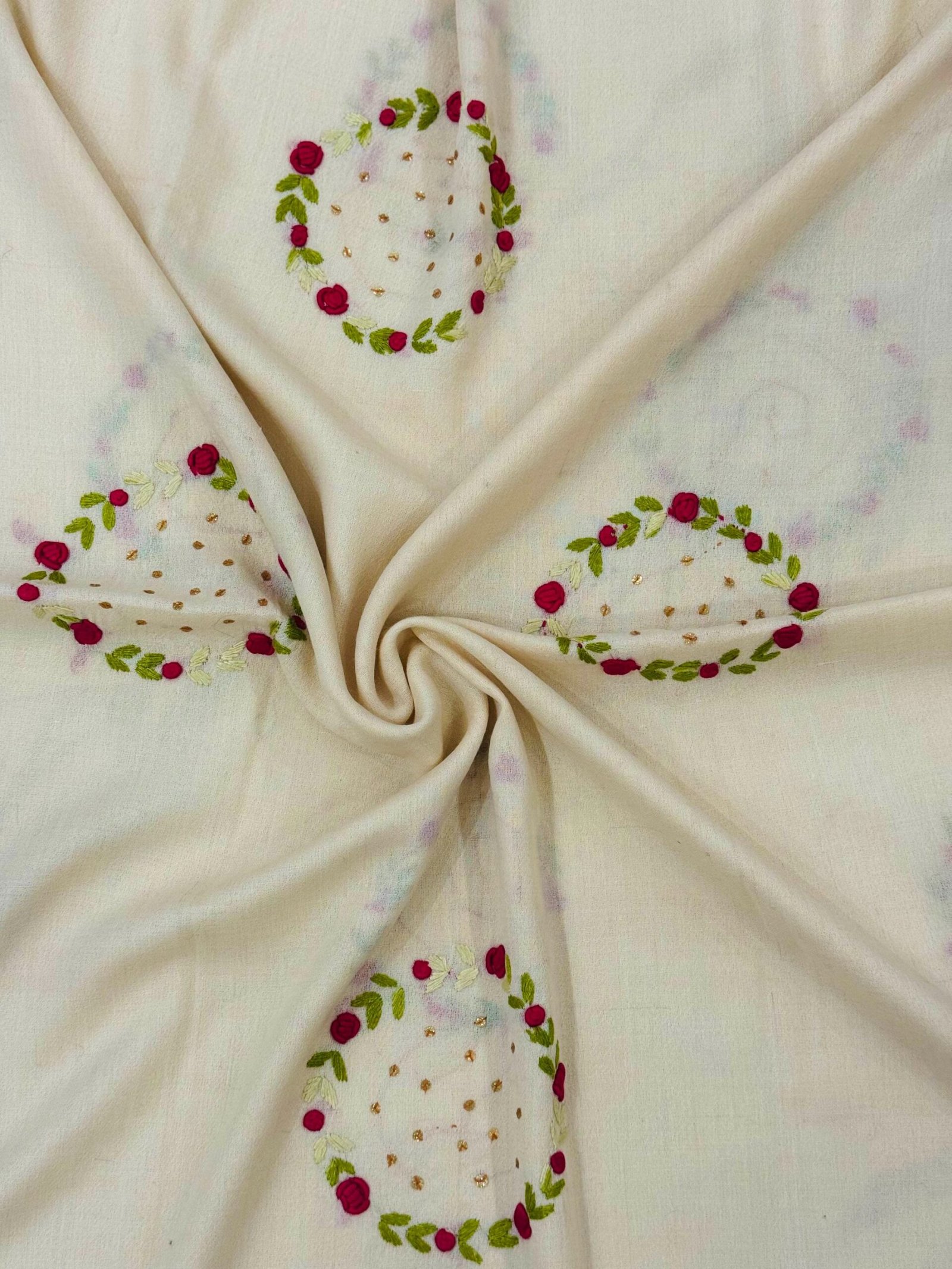 Cream Hand-Embroidered Floral Shawl