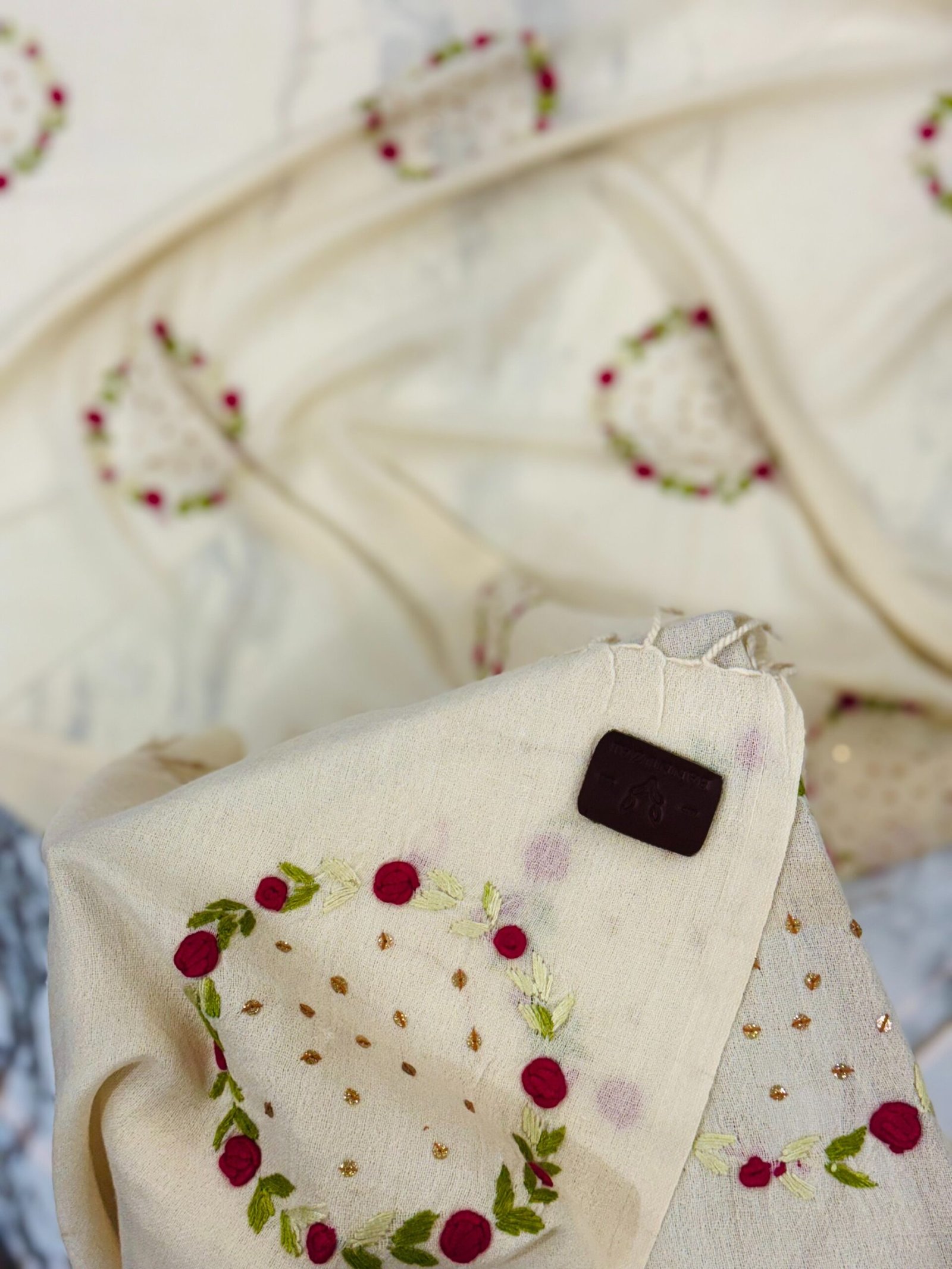 Cream Hand-Embroidered Floral Shawl - Image 2