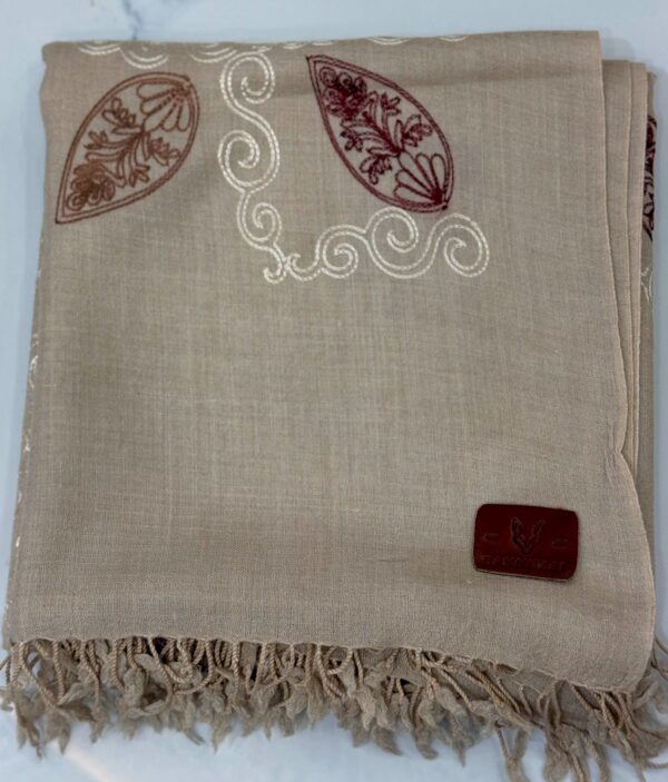 Beige Hand-Embroidered Shawl with Maroon Paisley Design and Fringe Edging
