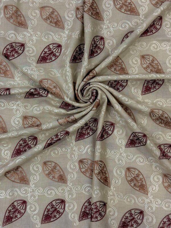 Beige Hand-Embroidered Shawl with Maroon Paisley Design and Fringe Edging - Image 3