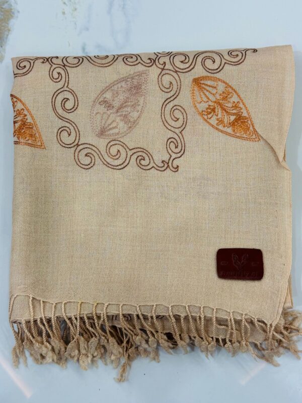 Beige Hand-Embroidered Shawl with Warm Brown and Orange Motifs - Image 4