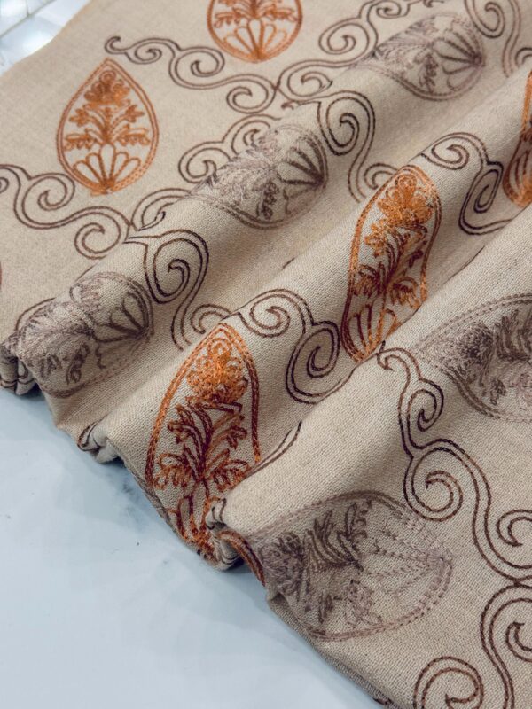 Beige Hand-Embroidered Shawl with Warm Brown and Orange Motifs - Image 2